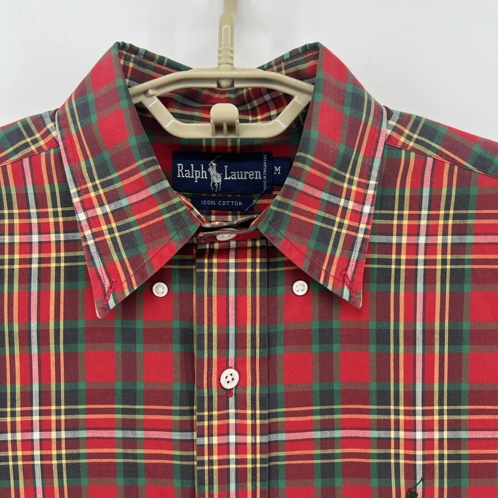 Polo Ralph Lauren Shirt Medium Classic Plaid Red Green Button Long Sleeve Pocket